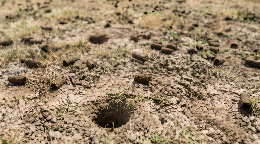 Close-up of dry, compacted soil with aeration holes and dirt plugs left behind after core aerating a drought-stressed lawn