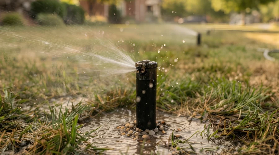 Sprinkler head spraying water sideways over a dry, patchy lawn, pooling in gravel around the base instead of reaching the grass