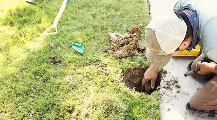 Technician repairing underground sprinkler system near sidewalk to resolve common lawn irrigation problems in Cincinnati