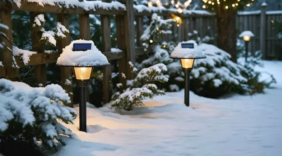 Snow-covered solar garden lights along a wooden fence with holiday lights and evergreen plants.