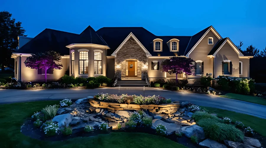 Elegant home exterior with professional landscape lighting, featuring well-lit pathways, illuminated trees, and accent lighting in Cincinnati, OH.