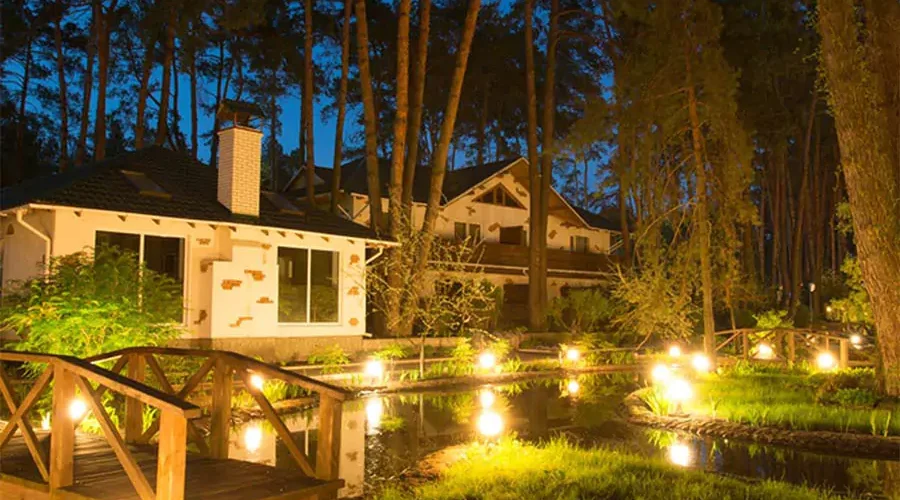Professional Landscape Lighting with houses and tress