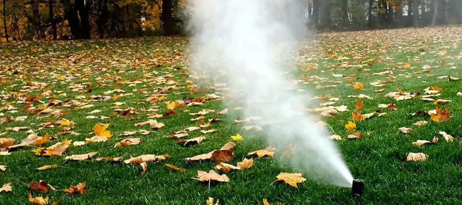 Sprinkler winterization on a Landscape with many leaves